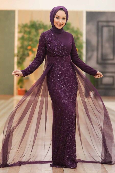  Plus Size Plum Color Islamic Wedding Dress 5345MU - NEVA STYLE