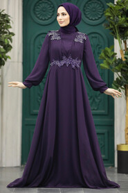  Plus Size Plum Color Modest Islamic Clothing Evening Dress 22113MU - 1
