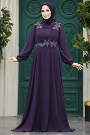  Plus Size Plum Color Modest Islamic Clothing Evening Dress 22113MU - 2