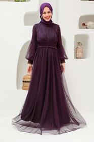 Neva Style - Plus Size Plum Color Modest Islamic Clothing Prom Dress 56520MU - Thumbnail