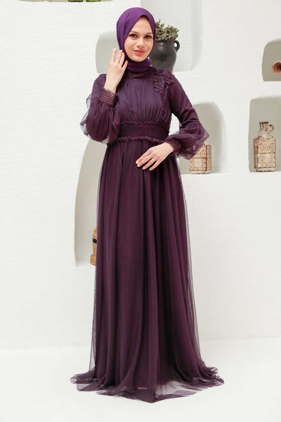 Neva Style - Plus Size Plum Color Modest Islamic Clothing Prom Dress 56520MU