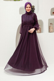 Neva Style - Plus Size Plum Color Modest Islamic Clothing Prom Dress 56520MU - Thumbnail