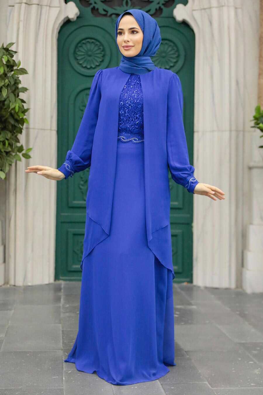  Plus Size Sax Blue Islamic Evening Dress 25765SX