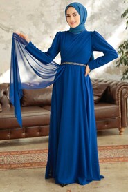  Plus Size Sax Blue Islamic Long Sleeve Dress 5737SX - 1