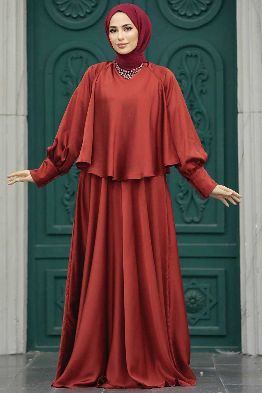 Neva Style - Plus Size Terra Cotta Hijab Wedding Gown 6051KRMT