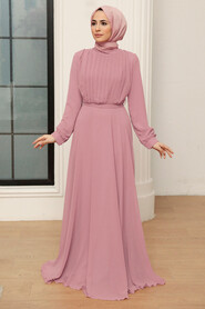  Powder Pink Turkish Hijab Evening Gown 3371PD - NEVA STYLE