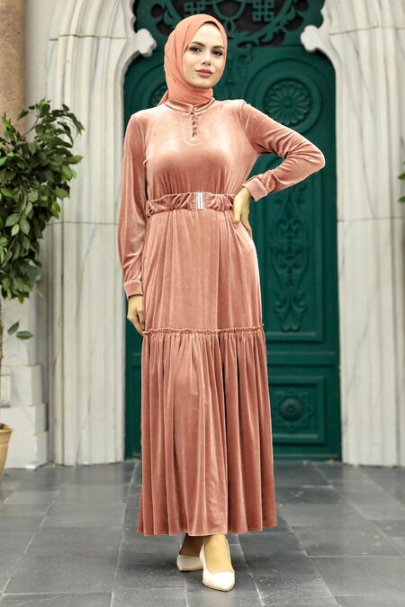  Powder Pink Velvet Hijab Dress 36971PD - NEVA STYLE