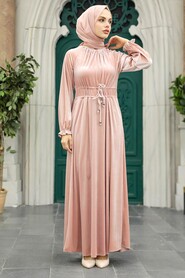  Powder Pink Velvet Long Dress for Muslim Ladies 36921PD - 3