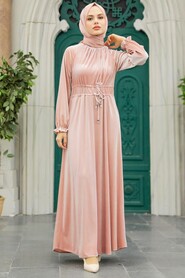  Powder Pink Velvet Long Dress for Muslim Ladies 36921PD - 4