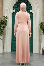  Powder Pink Velvet Long Dress for Muslim Ladies 36921PD - 5