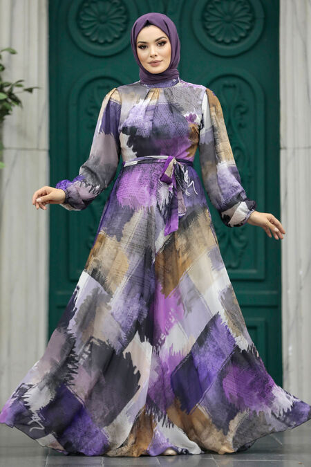  Purple Long Muslim Dress 33092MOR - NEVA STYLE