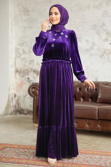  Purple Velvet High Quality Dress 3713MOR - NEVA STYLE