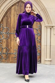  Purple Velvet Hijab Dress 36971MOR - 1
