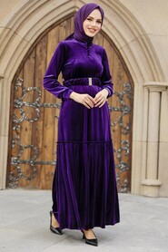  Purple Velvet Hijab Dress 36971MOR - 3