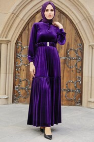  Purple Velvet Hijab Dress 36971MOR - 2