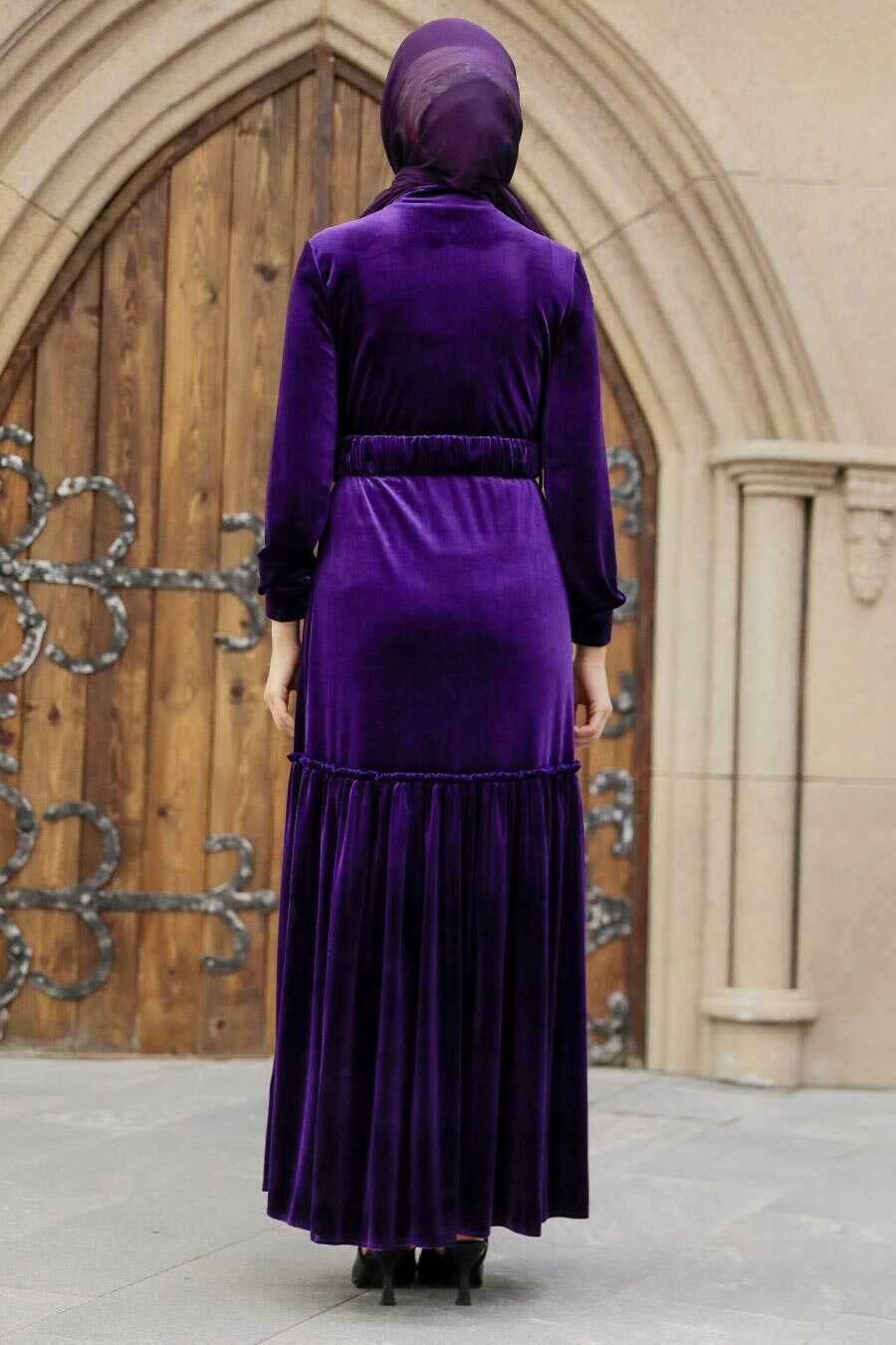 Neva Style - Purple Velvet Long Dress for Muslim Ladies 37291MOR 