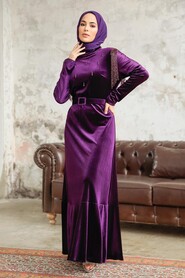  Purple Velvet Islamic Clothing Dress 3748MOR - 2