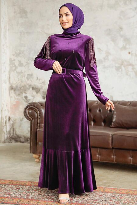 Purple Velvet Islamic Clothing Dress 3748MOR - Neva-style.com