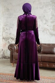  Purple Velvet Islamic Clothing Dress 3748MOR - 3