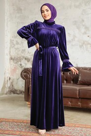 Neva Style - Purple Velvet Long Dress for Muslim Ladies 37291MOR - Thumbnail