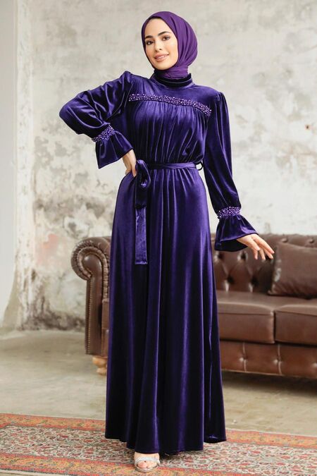  Purple Velvet Long Dress for Muslim Ladies 37291MOR - NEVA STYLE