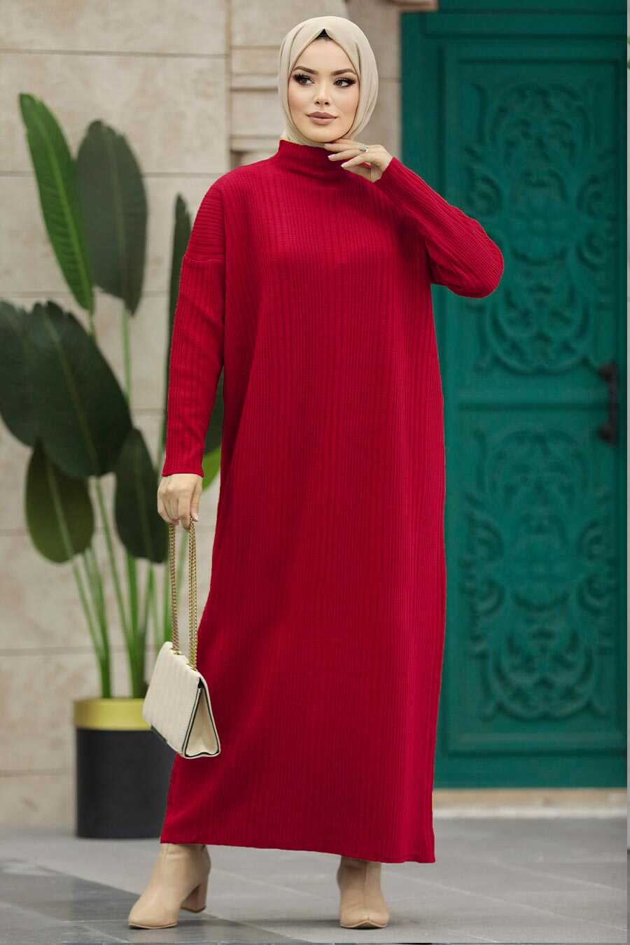 Neva Style - Red Muslim Long Knitwear Dress Style 34150K