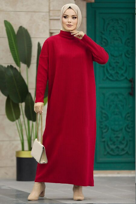  Red Muslim Long Knitwear Dress Style 34150K - NEVA STYLE