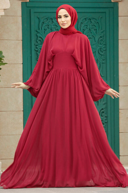 fitted lace wedding dress Long Sleeve Red Ball Gown Wedding Dress for Muslim Bride 66591 High Ne   Viniodress