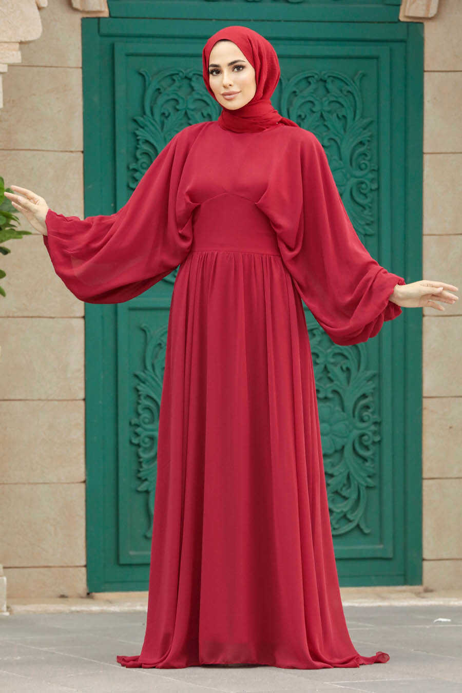 Neva Style - Red Turkish Hijab Engagement Gown 60681K