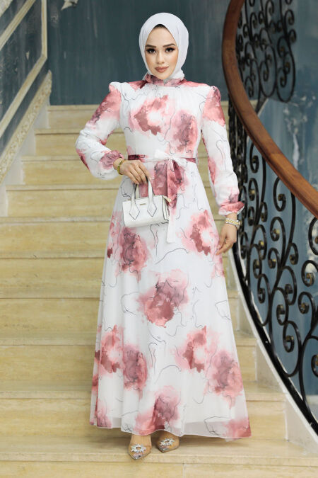  Salmon Pink Long Muslim Dress 279313SMN - NEVA STYLE