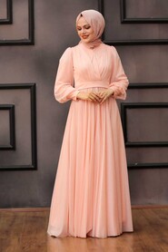  Salmon Pink Turkish Hijab Evening Dress 30632SMN - 1