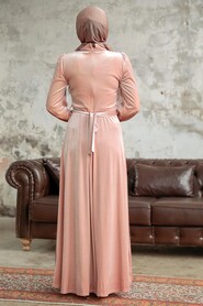 Neva Style - Salmon Pink Velvet Hijab Maxi Dress 37091SMN - Thumbnail