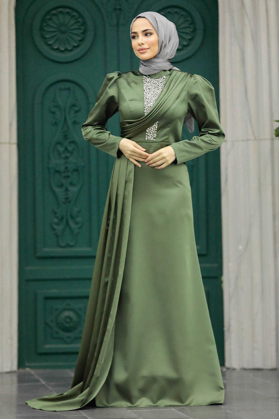Neva Style - Satin Almond Green Hijab Wedding Dress 22891CY