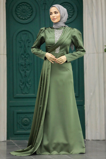  Satin Almond Green Hijab Wedding Dress 22891CY - NEVA STYLE