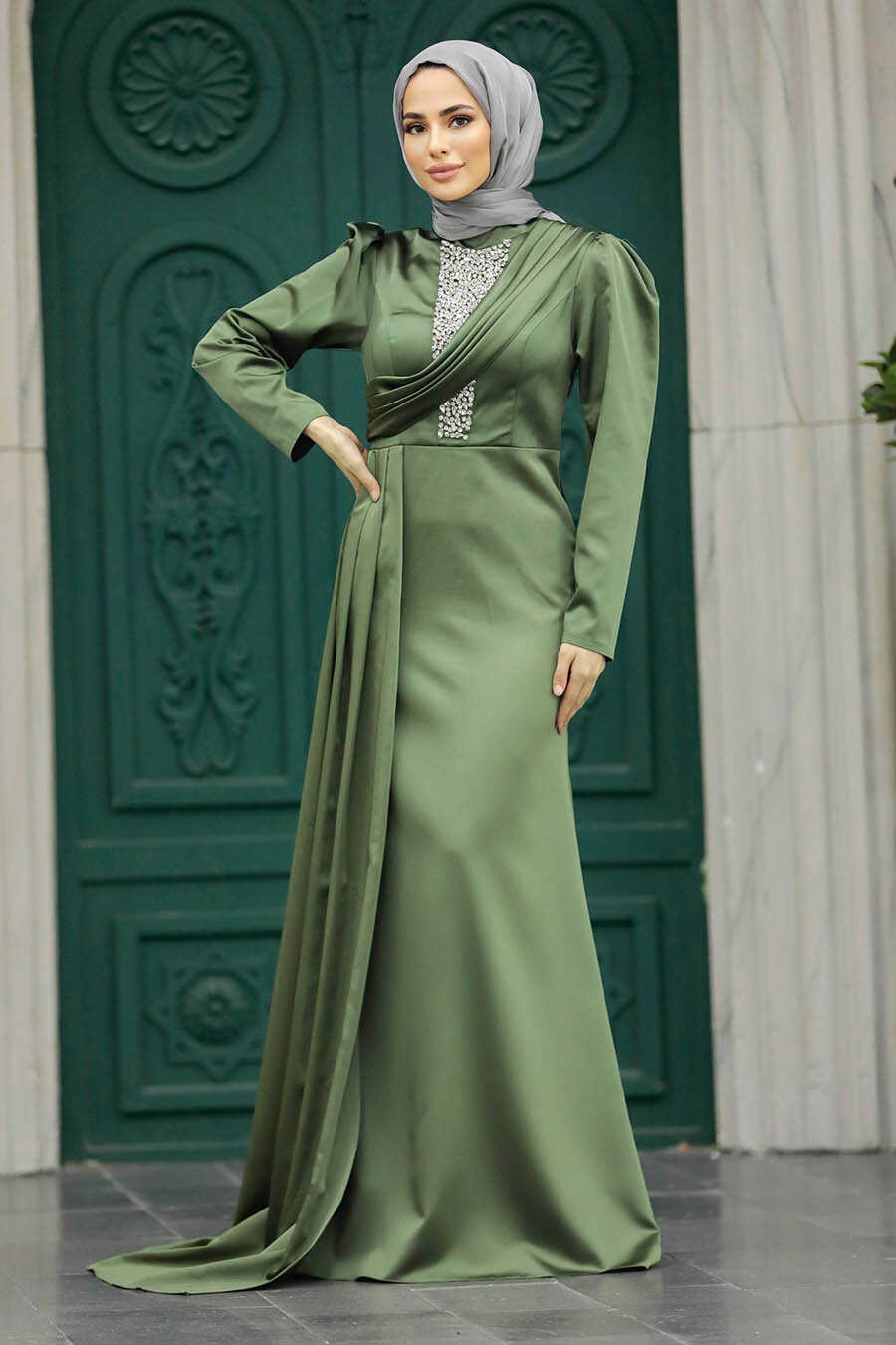 Neva Style - Satin Almond Green Hijab Wedding Dress 22891CY