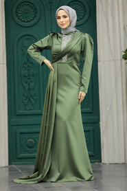 Neva Style - Satin Almond Green Hijab Wedding Dress 22891CY - Thumbnail