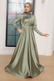  Satin Almond Green Hijab Wedding Gown 22401CY - 2