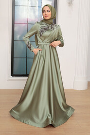  Satin Almond Green Hijab Wedding Gown 22401CY - 1