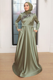  Satin Almond Green Hijab Wedding Gown 22401CY - 3