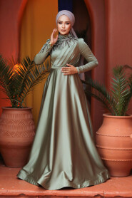  Satin Almond Green Hijab Wedding Gown 22401CY - 2