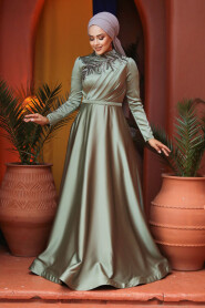  Satin Almond Green Hijab Wedding Gown 22401CY - 1