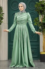  Satin Almond Green Islamic Long Sleeve Dress 3984CY - 2