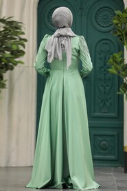  Satin Almond Green Islamic Long Sleeve Dress 3984CY - 3