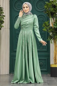  Satin Almond Green Islamic Long Sleeve Dress 3984CY - 1