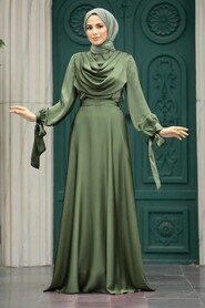  Satin Almond Green Islamic Long Sleeve Maxi Dress 38031CY - NEVA STYLE
