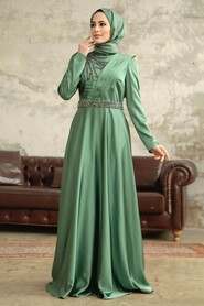  Satin Almond Green Islamic Wedding Dress 3967CY - 2