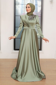  Satin Almond Green Modest Islamic Clothing Evening Dress 22441CY - 2