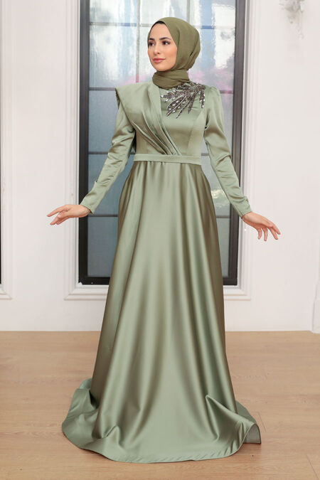green emerald velvet dress Isra Satin Batwing Butterfly Sleeves Kaftan Maxi Dress Abaya 816 -Sage main image 1