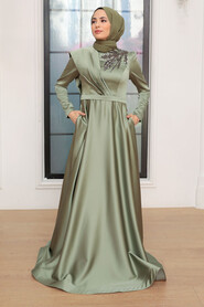  Satin Almond Green Modest Islamic Clothing Evening Dress 22441CY - 1
