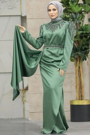  Satin Almond Green Modest Islamic Clothing Evening Dress 41312CY - 2